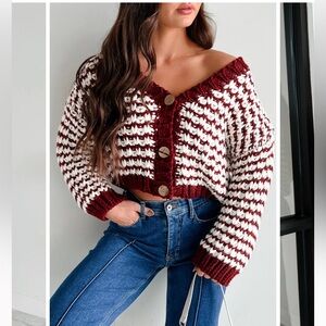 NanaMacs Burgundy and White Button-Up Cardigan